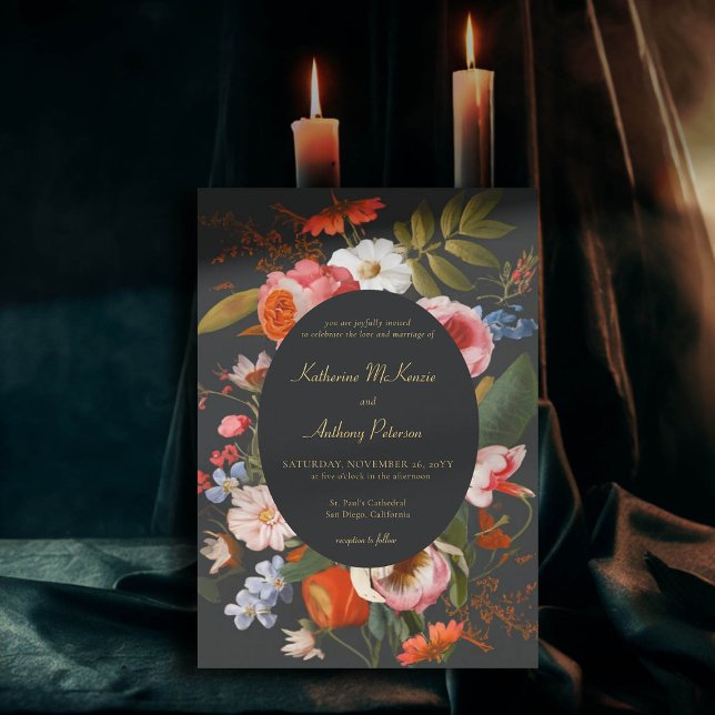 Moody romsk gotisk Mörk fet Blommigt Bröllop Inbjudningar (moody romantic wedding invitation bold pink red floral frame painting dutch masters elegant gothic )