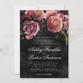 Moody romsk Rosa Blommigt Bouquet på svart Inbjudningar