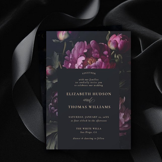 Moody Rosa Peony Modern Vintage Elegant bröllop Inbjudningar (moody floral wedding invitation modern vintage pink peony dark elegant classic formal)