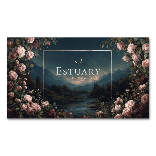 Moody Rose Blommig och Twilight Bergslandskap Magnetiska Visitkort (Framsida)