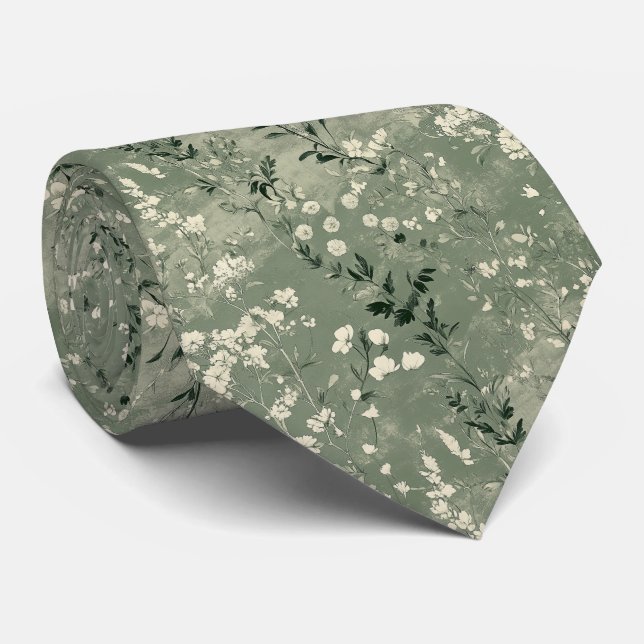 Moody Sage Grönt Wildblomme Personlig Bröllop Slips (Rullad)