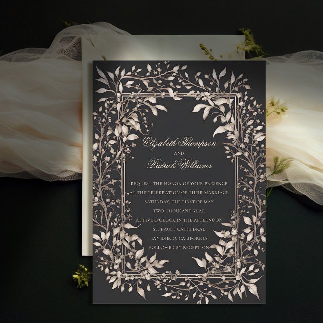 Moody skogen Botaniskt formigt klassiskt Bröllop Inbjudningar (moody forest wedding invitation botanical frame black white vintage elegant classic traditional)
