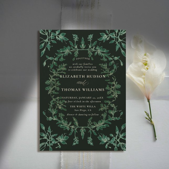 Moody skogen Botaniskt Modern Classic Bröllop Inbjudningar (moody forest wedding invitation botanical frame black green elegant modern traditional calligraphy)