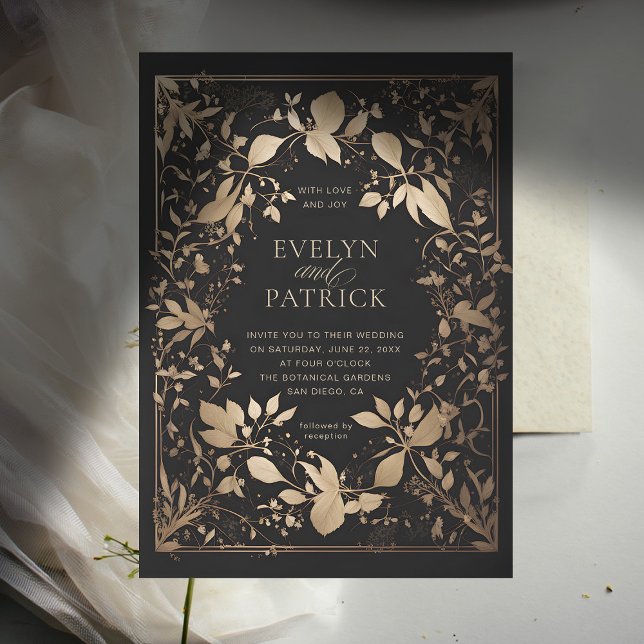 Moody skogen Botaniskt Modern Classic Guld Bröllop Inbjudningar (moody forest wedding invitation botanical frame dark gold elegant modern classic woodland fairy)