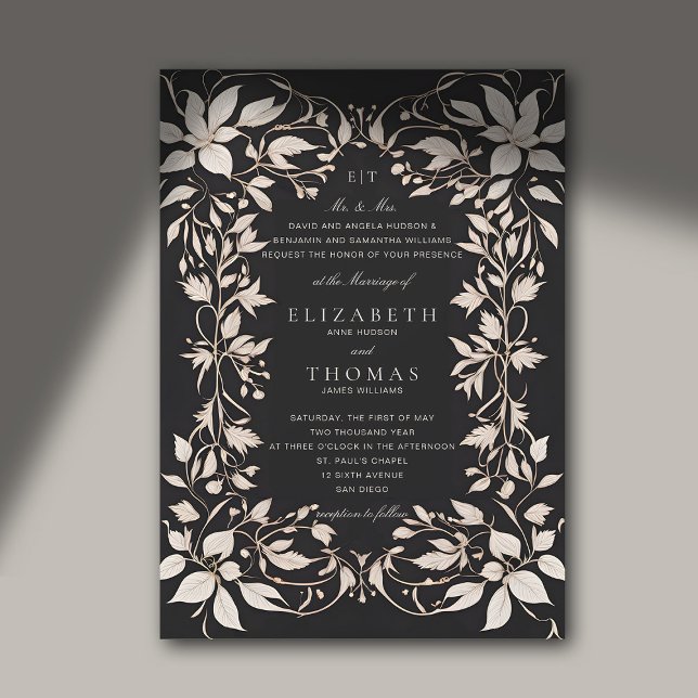 Moody skogsbotaniska monogram Classic Bröllop Inbjudningar (moody forest wedding invitation dark romance black white elegant classic formal botanical frame)