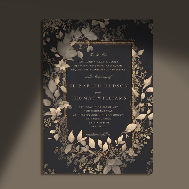 Moody skogsområdet Botanical Classic Guld Patina B Inbjudningar (moody forest wedding invitation botanical frame black gold vintage elegant classic traditional paren)