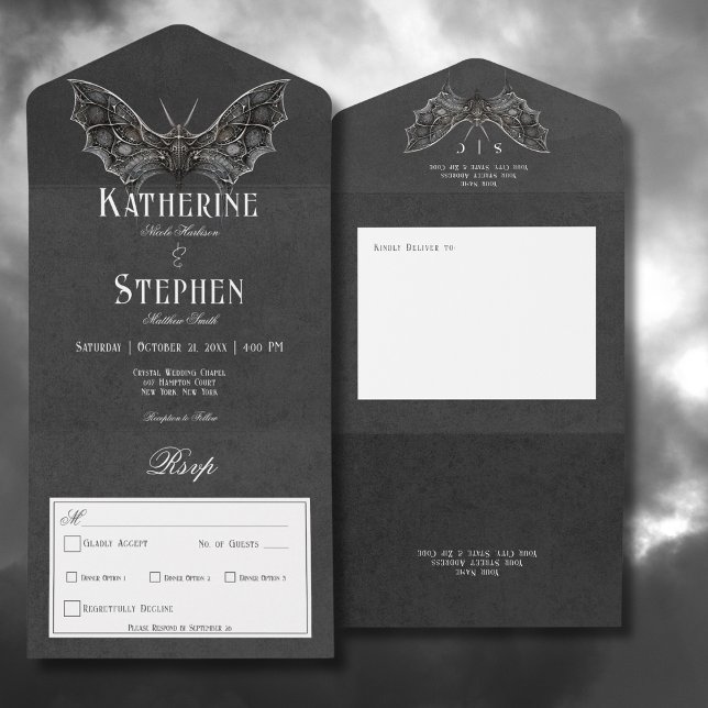 Moody svartvitt, ingen middag (Gothic Moth Moody Black & White All In One Wedding Invitation without Dinner Options)