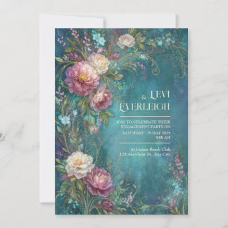 Moody Teal Watercolor Romantic Peony Wedding Inbjudningar