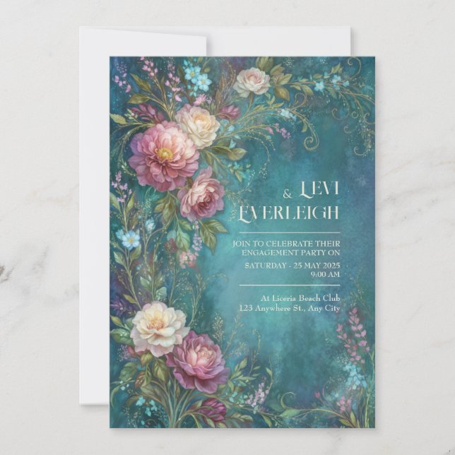 Moody Teal Watercolor Romantic Peony Wedding Inbjudningar (Framsida)