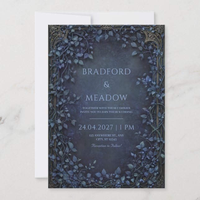 Moody Twilight Berry Antik Brons Ram Bröllop Inbjudningar (Framsida)
