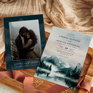 Moody vattenfärgsbergen Gräs-skogen Bröllop Inbjudningar