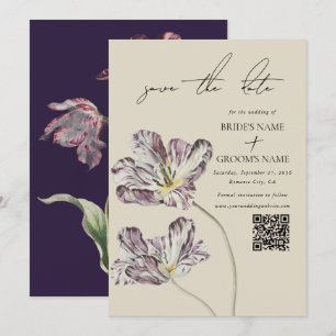 Moody Watercolor Lila Tulips Bröllop QR-kod Spara Datumet