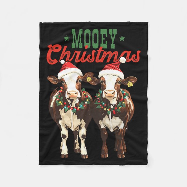 Mooey Christmas Cow With Santa Hats Xmas Lights Me Fleecefilt (Framsidan)
