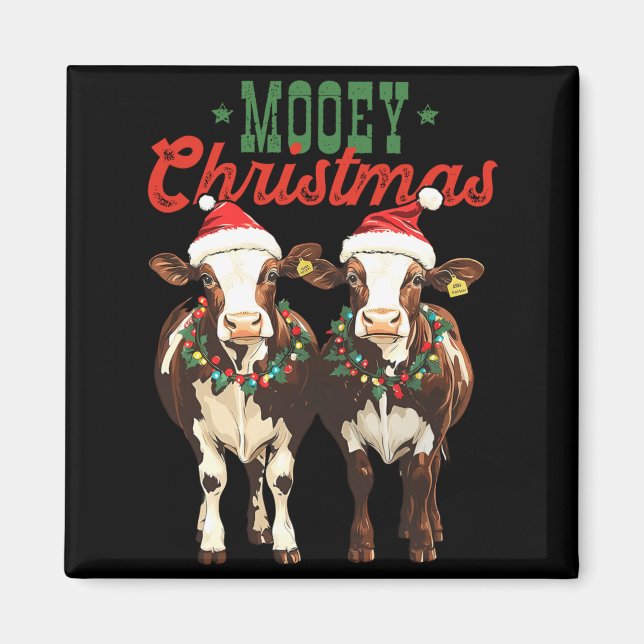 Mooey Christmas Cow With Santa Hats Xmas Lights Me Magnet (Framsidan)