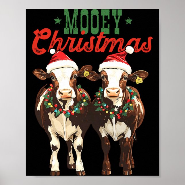Mooey Christmas Cow With Santa Hats Xmas Lights Me Poster (Framsidan)
