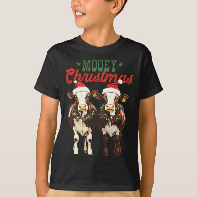 Mooey Christmas Cow With Santa Hats Xmas Lights Me T Shirt (Framsida)