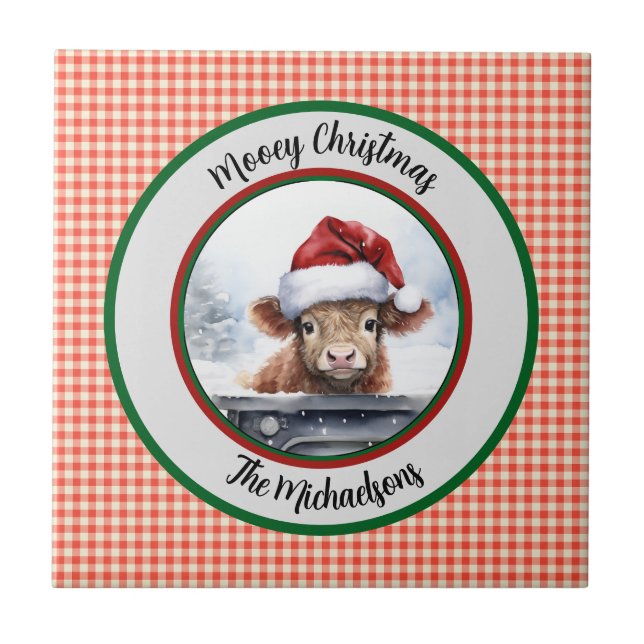 Mooey Christmas Funny Highland Cow Red Gingham  Kakelplatta (Framsidan)