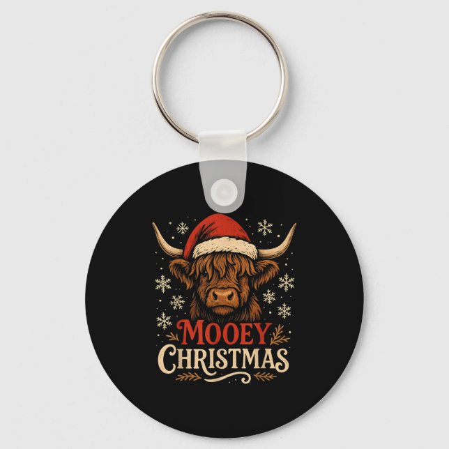 Mooey Christmas Highland Cow Funny Santa Hat Desig Nyckelring (Framsida)