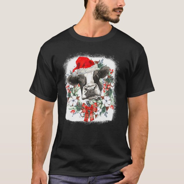 Mooey Christmas  Highland Cow Xmas Light Santa Hat T Shirt (Framsida)