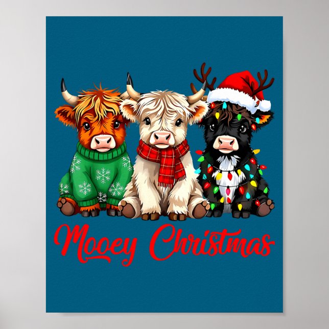 Mooey Christmas Lights Santa Hat Xmas Highland Cow Poster (Framsidan)