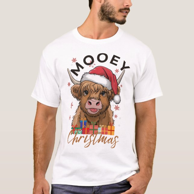 Mooey jul Tshirt Highland Cow Julafton Light San T Shirt (Framsida)