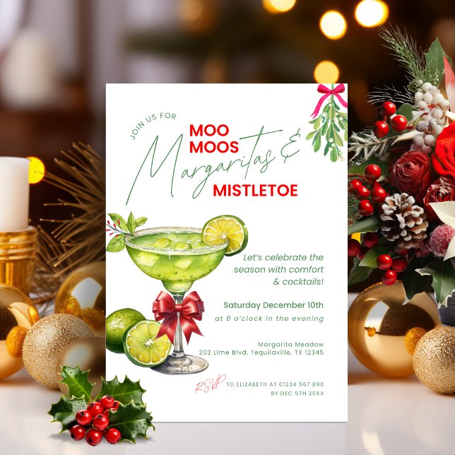 MooMoos, Margaritas & Mistletoe Christmas Party Inbjudningar (MooMoos, Margaritas & Mistletoe Party Invitation)