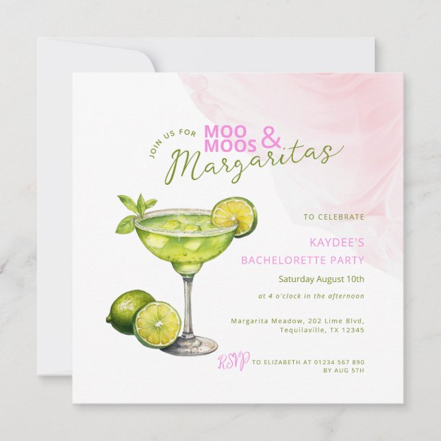 MooMoos & Margaritas Pink Bachelorette Invitation (Framsida)