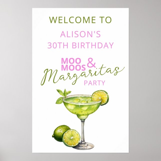MooMoos & Margaritas Pink Birthday Welcome Sign Poster (Framsidan)