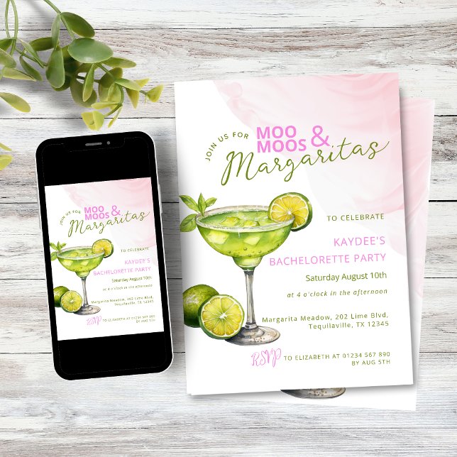MooMoos & Margaritas Rosa Sängkammarfest Inbjudningar (Pink and green MooMoos and Margaritas bachelorette party invitation)