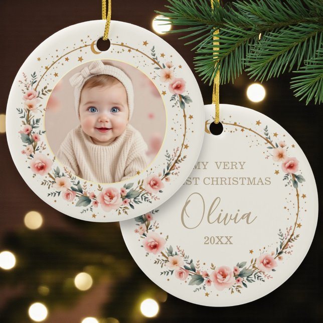 Moon and Stars Baby First Christmas Photo Julgransprydnad Keramik (Skapare uppladdad)