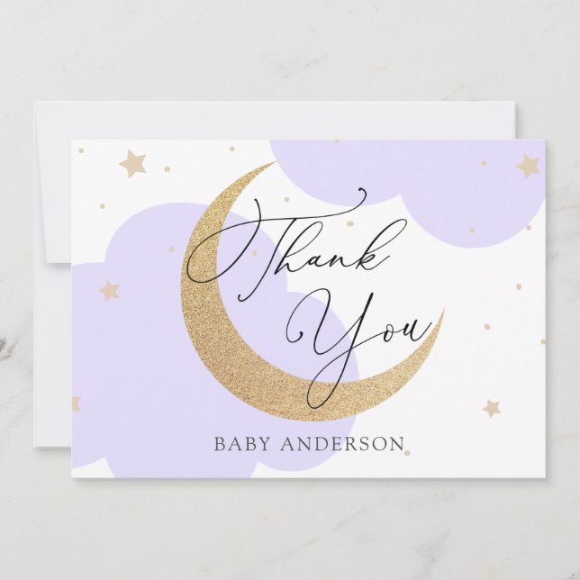 Moon and Stars Purple Baby Shower Thank You Tack Kort (Framsida)