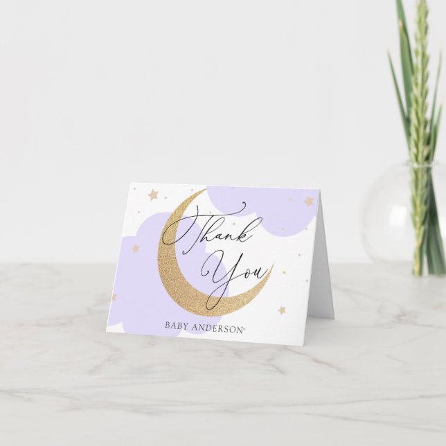 Moon and Stars Purple Baby Shower Thank You Tack Kort (Framsida)