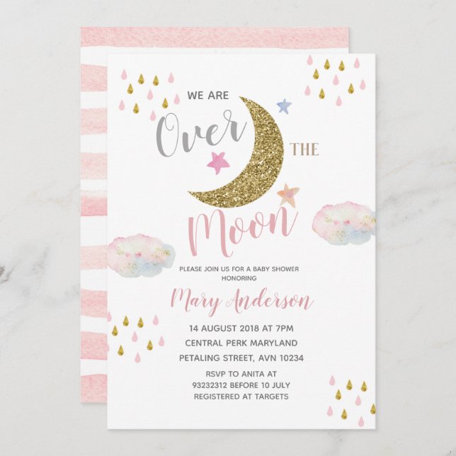 Moon Blush Rosa Baby Shower Inbjudningar (Fram/baksida)