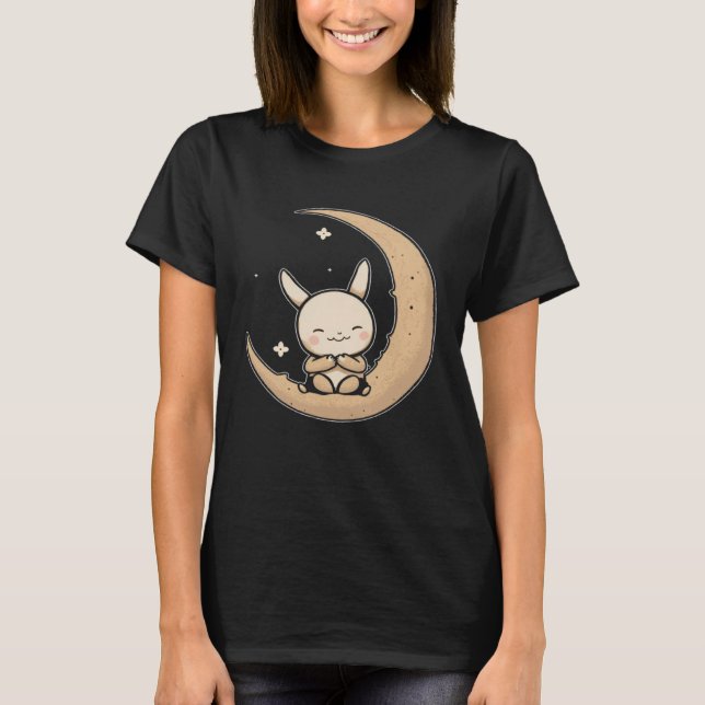 Moon Bunny Rabbit Sitting In Crescent Moon Easter T Shirt (Framsida)
