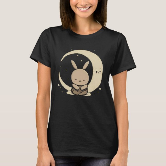 Moon Bunny Rabbit Sitting In Crescent Moon Easter  T Shirt (Framsida)