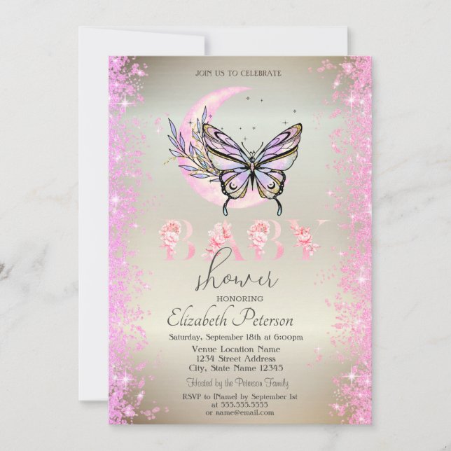 Moon Butterfly Glitter Konfetti  Baby Shower Inbjudningar (Framsida)