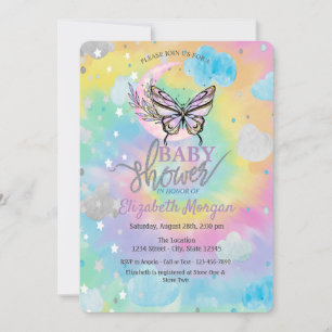 Moon Butterfly Stars & Clouds Tie Dye Baby Shower Inbjudningar