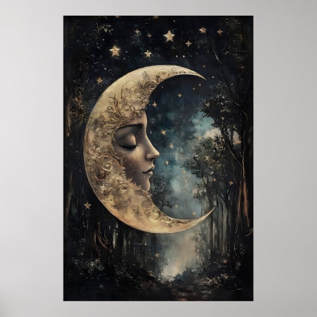 Moon Face In Forest Print, Gothic Witchy Poster (Framsidan)