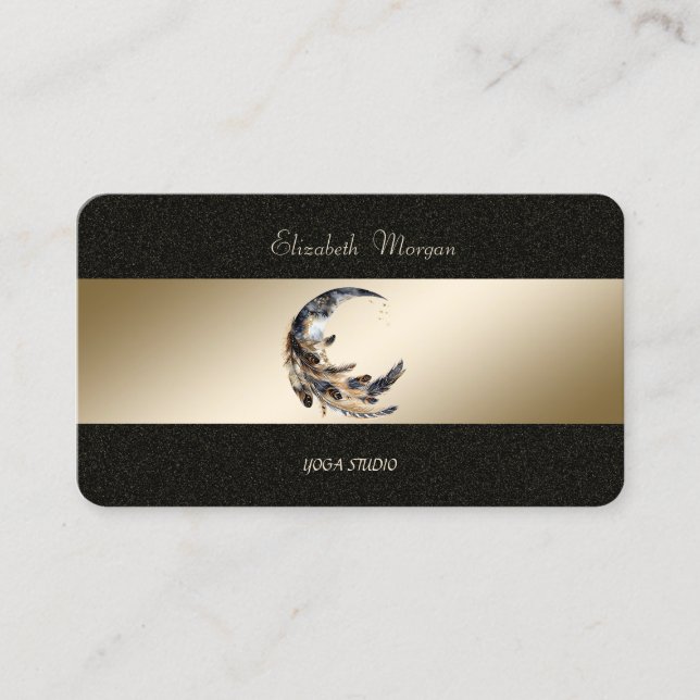 Moon Feather Gold Black Yoga Studio Visitkort (Framsida)