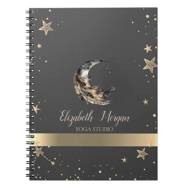 Moon Feather Gold Stars Yogastudio Anteckningsbok (Framsidan)