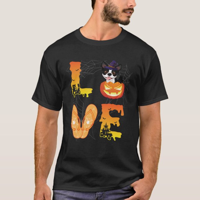 Moon Flip Flop Spider Pumpkin Boston Terrier LOVE  T Shirt (Framsida)