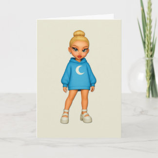 Moon Hoodie Fashion Doll Greeting Card Kort