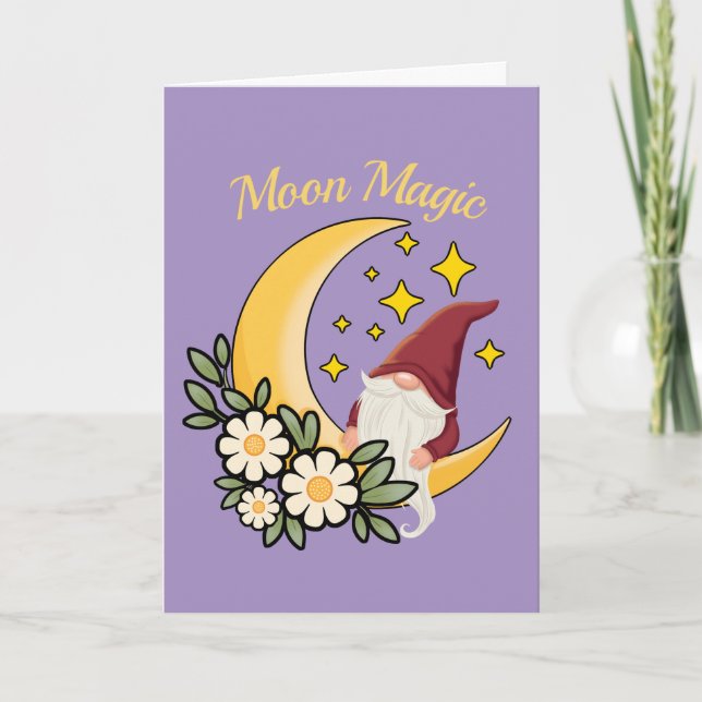 Moon Magic Söt Gnome på Halvmåne Blommor  Kort (Framsida)