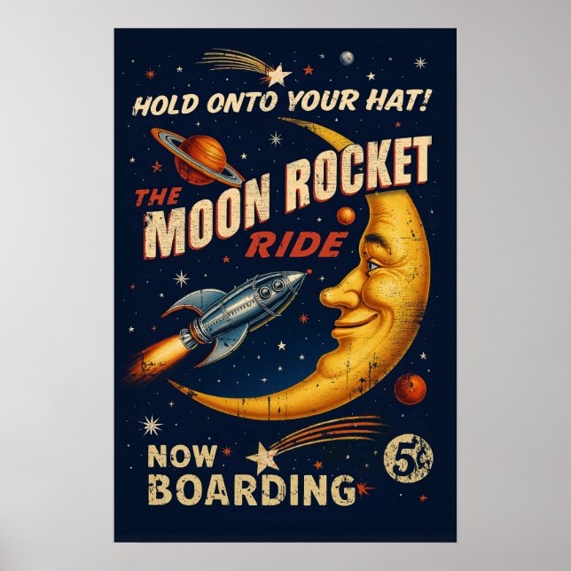 Moon Rocket Ride Vintage Affisch - retro sci-fi (Framsidan)