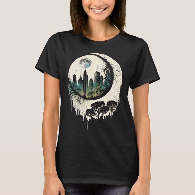 Moon Skyline City By Night Crescent Moon Aesthetic T Shirt (Framsida)