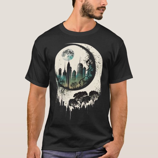 Moon Skyline City By Night Crescent Moon Aesthetic T Shirt (Framsida)