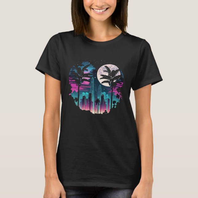 Moon Skyline City By Night Full Moon Vaporwave T Shirt (Framsida)