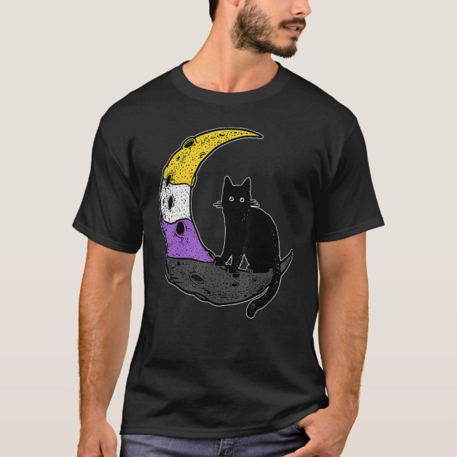 Moon Space Katt Lgbt Pride Med Nb Icke-Binär Flagg T Shirt (Framsida)