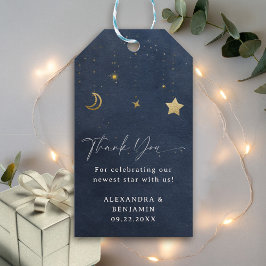 Moon Stars Starry Night Navy Blue Gold Baby Shower Presentetikett