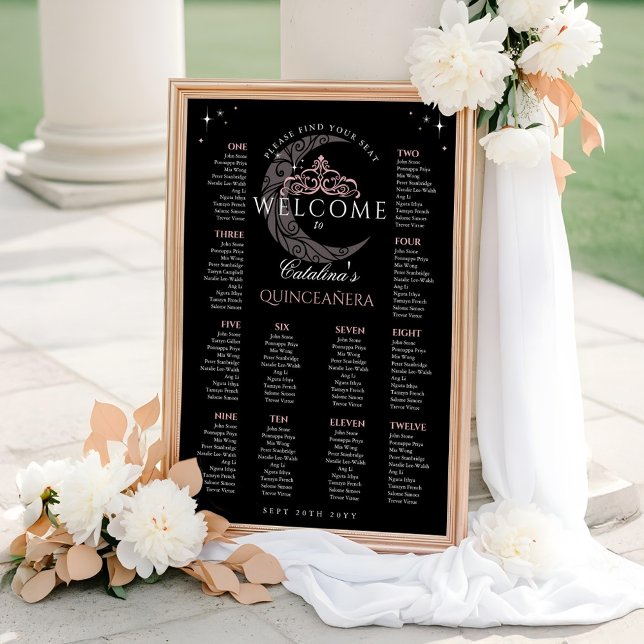Moon Stars Tiara Black Quinceañera Seating Chart Poster (Moon Stars Tiara Black Quinceañera Seating Chart)